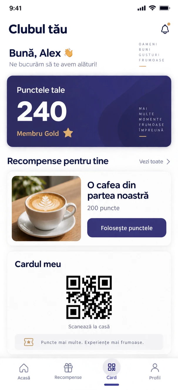 Concept de aplicație mobilă pentru fidelizare, cu puncte și recompense