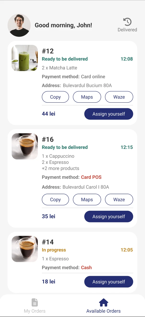 Aplicația mobilă pentru curieri, cu lista comenzilor și adresele de livrare